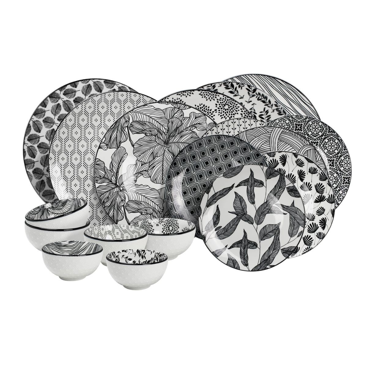 18 pièces porcelaine Service à vaisselle Komae noir et blanc F2J COM